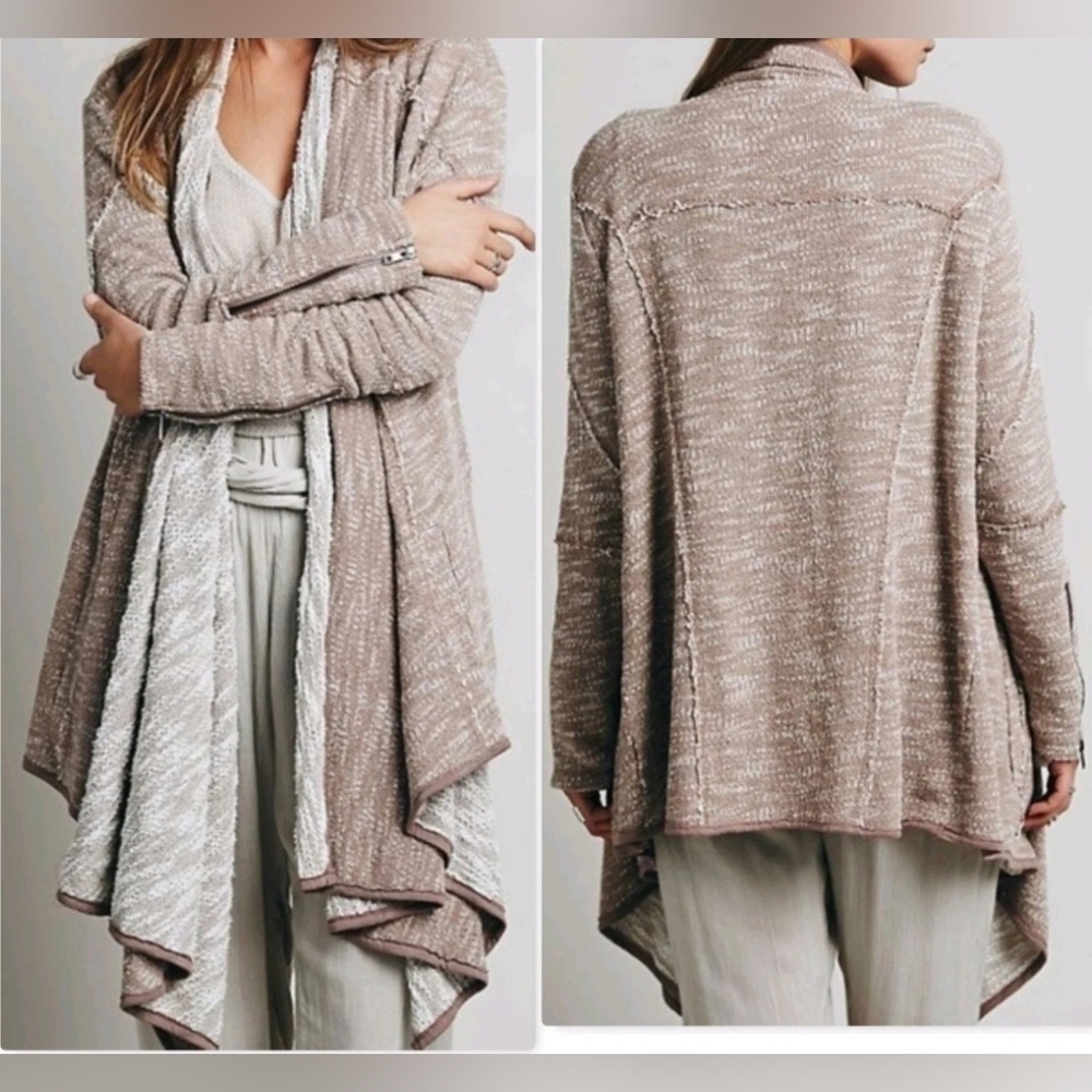 Free People In The Loop Open Front Draped Cardigan Sweater Zip Sleeve XS slubby